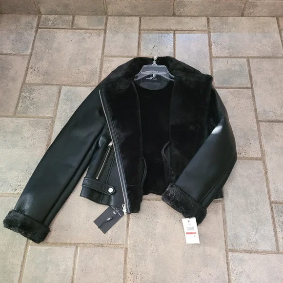 NWT Andrew Marc Black Faux Leather Faux Fur-Trim Moto Jacket XS - Picture 10 of 16
